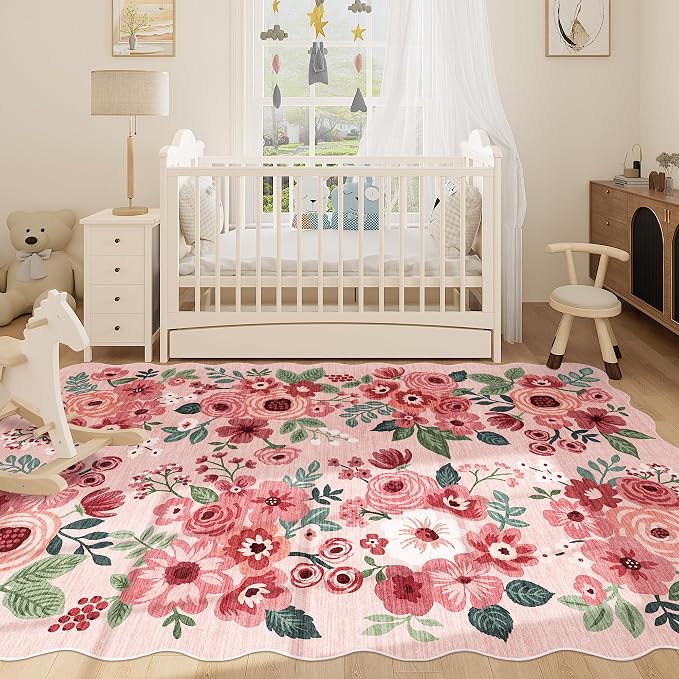 DUKINO 6x9 Area Rugs, Floral Washable Rug for Living Room Non Slip, Pink | Low Pile, Stain Resistant, Soft Indoor Large Rugs for Bedroom, Dining Room, Kids Playroom, Nursery, Pet Friendly, Home Decor