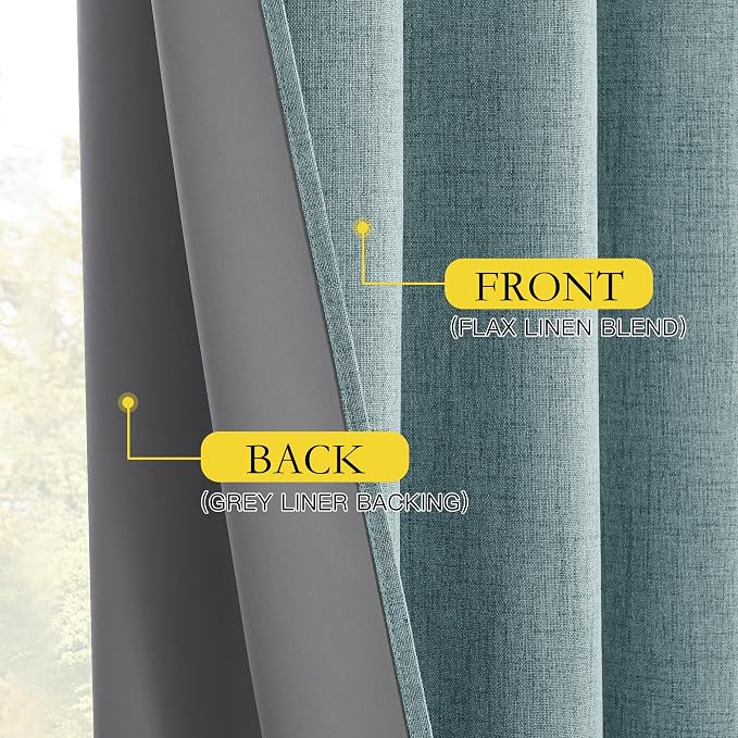 NICETOWN 100% Absolutely Blackout Linen Curtains with Thermal Insulated Liner, Skylark Blue, 62" Wide, 102" Length Energy Saving Curtains for Living Room 2 Panels Set, Vertical Blinds