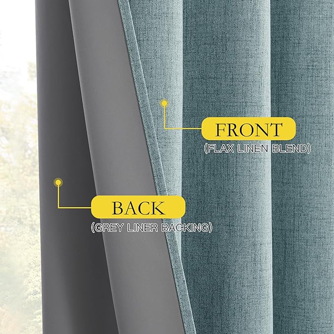 NICETOWN Skylark Blue Bedroom Full Blackout Linen Curtain, Thick Linen Blend Thermal Insulated Classic Back Tab Blackout Draperies with White Liner for Nursery (Set of 2, 52 by 72-inch)