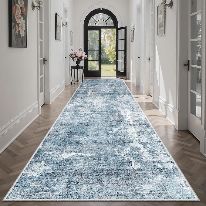Soalmost Abstract Runner Rug 3x10 Hallway Kitchen Rugs Non-Slip, Blue/Grey | Vintage Washable Long Runners 10ft for Bathroom Laundry Bedroom, Foldable Low-Pile Wide Floor Carpet for Entryway Corridor