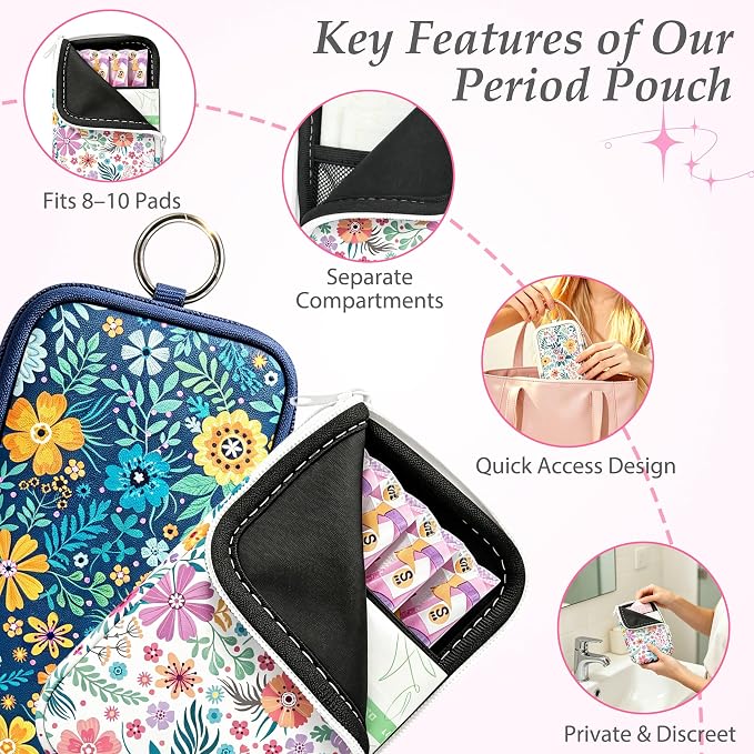 KJQJLY 2 Pack Portable Tampon Organizer Bag Tampon Holder & Storage Case with Zipper for Travel, Discreet Period Bag for Purse, Waterproof Feminine Products Pouch for Women (Flower 2)