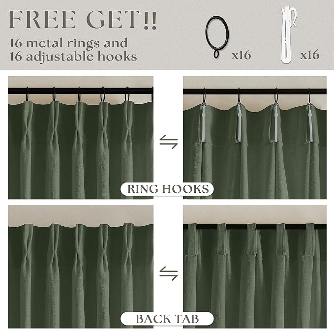 Olive Green Pinch Pleat Linen Semi Sheer Curtains 45 Inch Length 2 Panels | for Small Kitchen Windows, Rustic Country Boho, Light Filtering Privacy Semi Sheer, Pinch Pleated Back Tab Curtains, 40x45