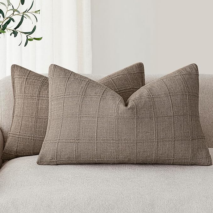 Foindtower Set of 2 Decorative Linen Check Throw Pillow Covers Neutral Farmhouse Lumbar Cushion Covers Modern Boho Home Decor for Sofa Chair Couch Bedroom Living Room,12×20 Inch,Tan Taupe