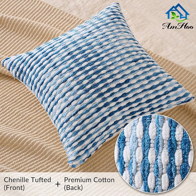 Boho Chenille Pillow Cover Decorative Tufted Pillowcase for Couch Bed Sofa Bedroom Living Room Modern 18 x 18-Inch Sky Blue