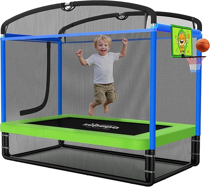 Zupapa Rectangle Kids Trampoline 6FT with Basketball Hoop, and Safety Net - Indoor/Outdoor Heavy-Duty Square Trampoline for Toddlers Ages 3-6, 220LBS Capacity
