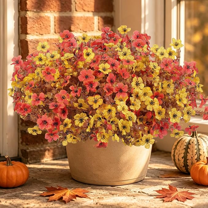Artificial Faux Mums Flowers Plants for Outdoors Fall Decoration,12 Bundles Fake Mums Silk Daisy Plastic Flowers Plant UV Resistant Look Real for Outside Planters Patio Front Yard Autumn Orange Yellow