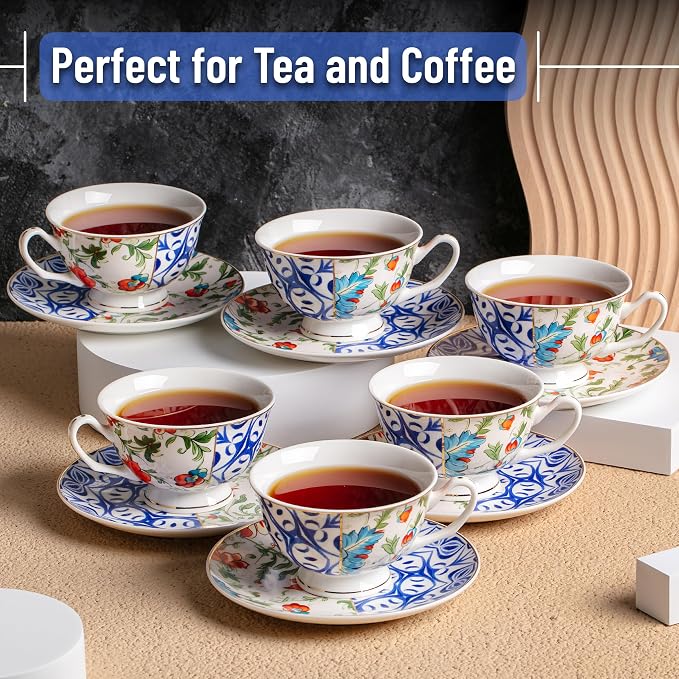BTaT- Floral Tea Cups and Saucers, 8 oz, Fine Porcelain Teacup Set with Gold Trim for Afternoon Tea, Weddings, Parties & Gifting, Dishwasher Safe, Lightweight, Non-Toxic, Set of 6