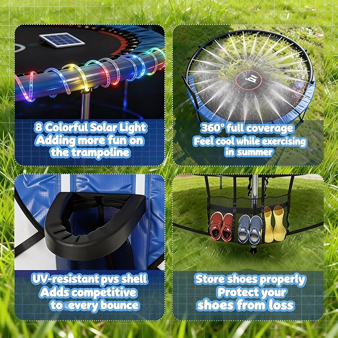 Trampoline Accessories Kit for Kids - 4-in-1 Summer Fun (Basketball Hoop + 72FT Solar Colored Lights + Water Sprinkler+ 3 Grid Shoe Bags)-Fits 8-16ft Trampolines