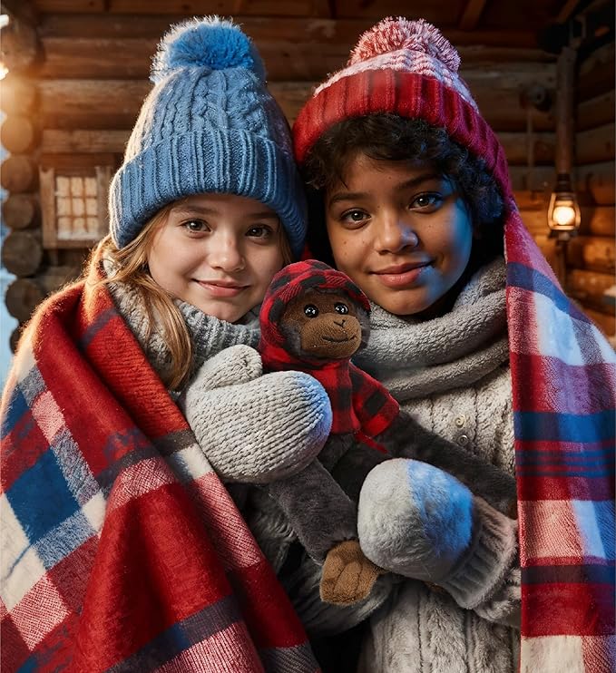 DolliBu Capuchin Monkey Stuffed Animal with Plaid Red Hoodie Sweater and Personalization - Monkey Plush Lumberjack Stuffed Toy with Plaid Jacket Dress Up for Christmas, Holiday, Winter - 21 Inches
