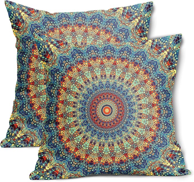 Boho Mandala Floral Pillow Covers 20X20 Inch Set of 2 Navy Blue Orange Abstract Flower Decorative Pillow Cases Colorful Retro Ethnic Cotton Linen Cushion Case Home Decor For Sofa Couch Porch Outdoor