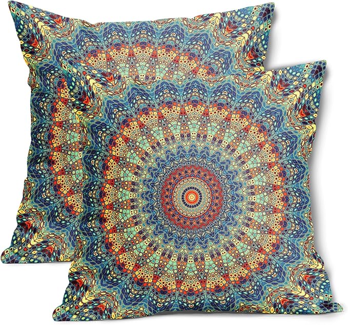 Boho Mandala Floral Pillow Covers 18X18 Inch Set of 2 Navy Blue Orange Abstract Flower Decorative Pillow Cases Colorful Retro Ethnic Cotton Linen Cushion Case Home Decor For Sofa Couch Porch Outdoor