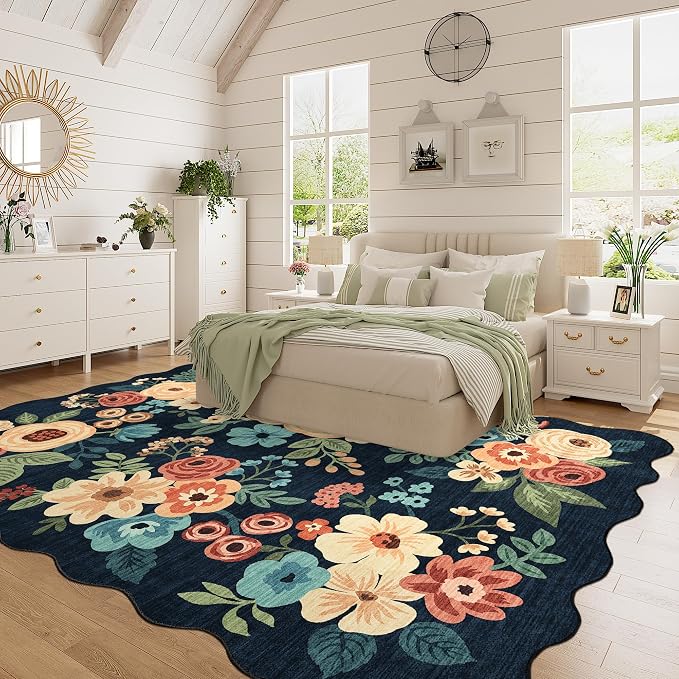 DUKINO 5x7 Area Rugs for Bedroom, Floral Washable Rug Non Slip, Navy Blue | Low Pile, Soft, Stain Resistant Throw Rugs for Living Room, Dining Room, Office, Nursery, Pet Friendly, Modern Home Decor