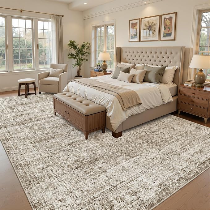 Soalmost 7x10 Area Rug for Living Room Washable Rugs Non-Slip Brown | Low-Pile Vintage Carpet for Dining Bedroom, Foldable Thin Stain Resistant Floor Mat Under Table Home Office Nursery Decor