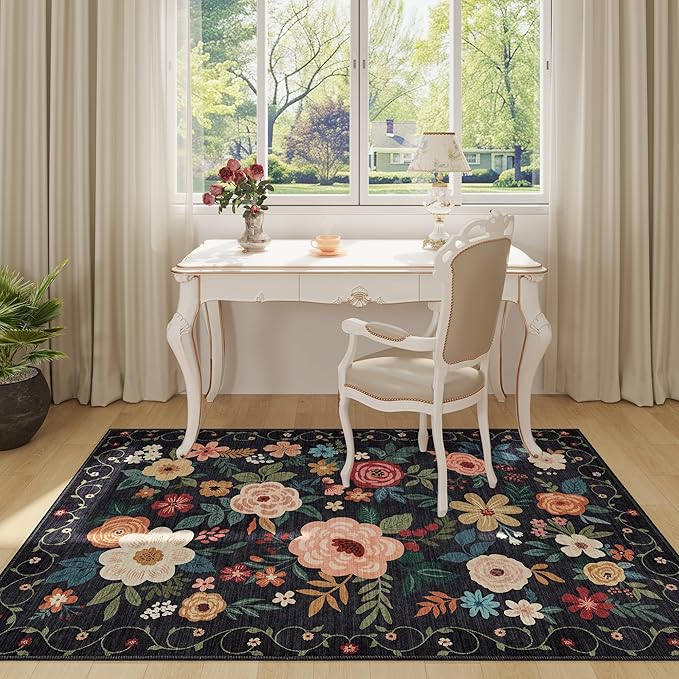 DUKINO 3x5 Area Rug, Floral Washable Rug for Bedroom Non Slip, Black | Soft, Stain Resistant Low Pile Indoor Rug for Entryway, Bedroom, Bathroom, Living Room, Pet Friendly, Home Decor, Lightweight