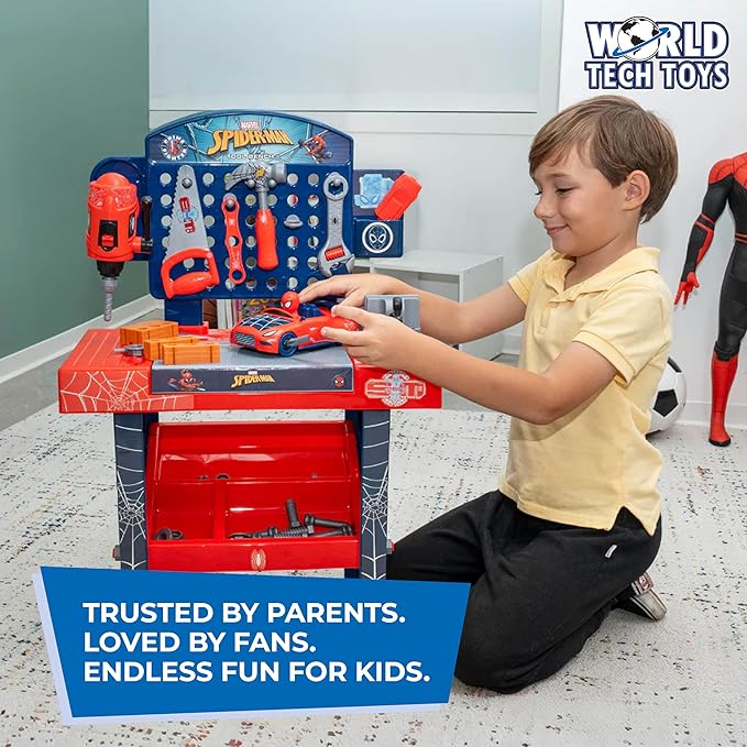 World Tech Toys Marvel Spider-Man Bench Set – Spiderman Tool Bench Playset with Take Apart Car - Official Marvel Licensed Product (55 Pieces)