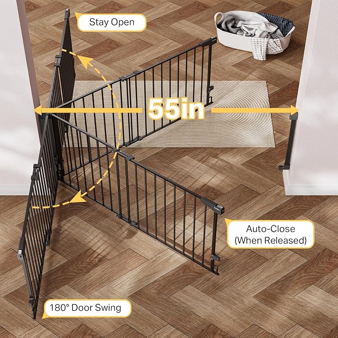 Cumbor 35.1–55" No Bottom Bar Baby Gate for Stairs, 2-in-1 Auto Close Dog Gate Indoor, Hardware Mounted Wide Pet Gate for Doorways with Large Walk Thru Door, Child-Proof Safety Gate for Kids (Black)