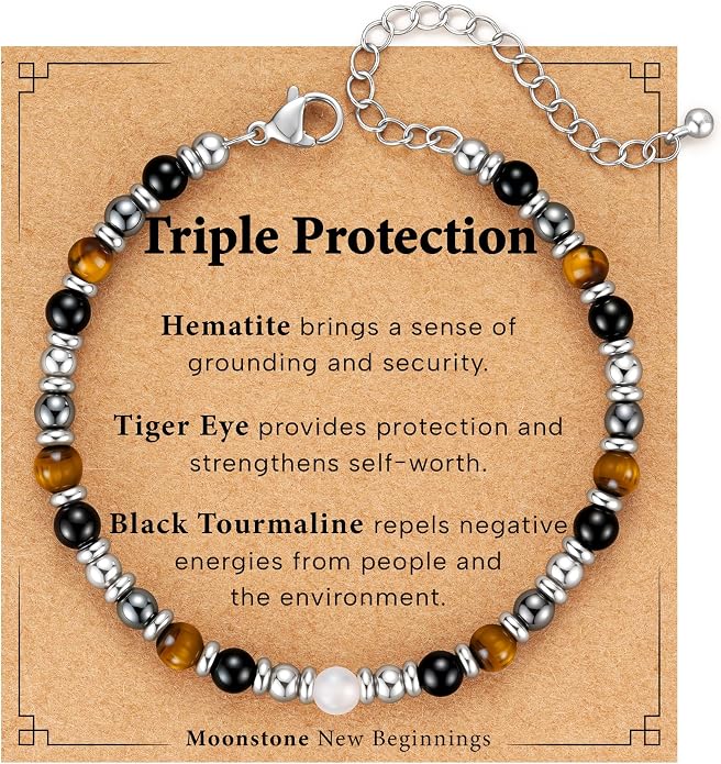 Zocomi Natural Healing Crystal Bracelet for Women, Anxiety Relief Triple Protection 7 Chakras Jewelry Gift for Friends Daughter Mom 6.5+2 Inches