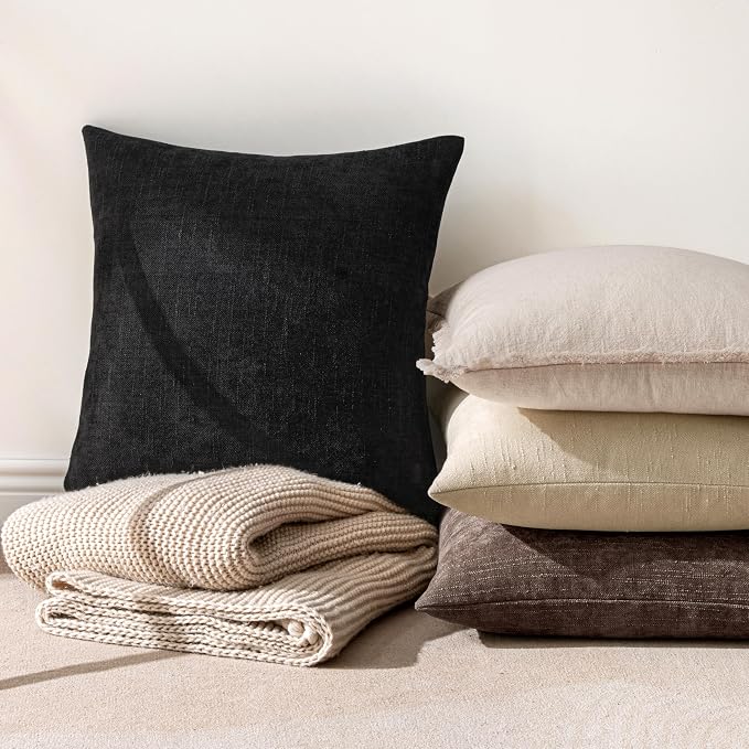 MIULEE Textured Chenille Throw Pillow Covers 20x20 Inch Black | Pack of 2 Decorative Soft Throw Pillows, Solid Textured Cushion Covers, Modern Home Decor for Couch Sofa Bedroom Living Room