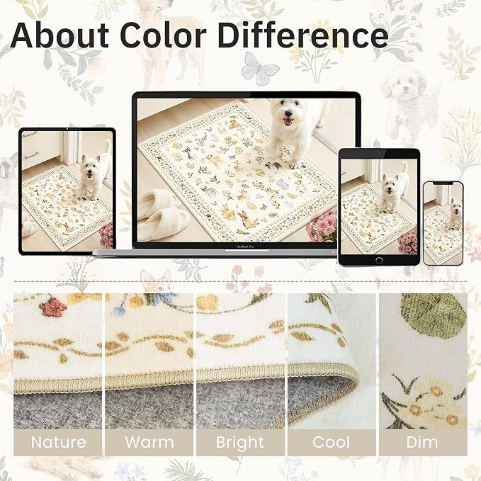 Soalmost Dog 9x12 Area Rugs for Living Room, Washable Animal Soft Rug Beige | Floral Vintage Non-Slip Low Pile Cute Throw Large Rugs for Classroom Bedroom Dining Room Nursery Playroom 9' x 12'