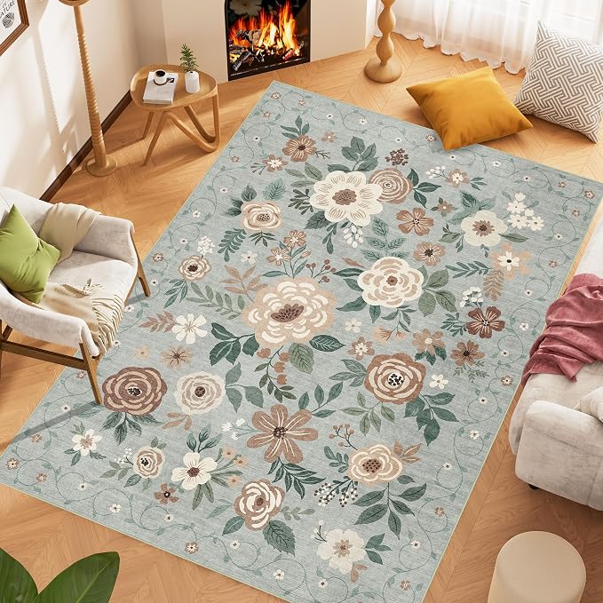 DUKINO 8x10 Area Rugs, Floral Washable Living Room Rug Non Slip, Sage Green | Low Pile, Stain Resistant, Soft Indoor Large Carpet for Bedroom, Dining Rom, Kids Playroom, Pet Friendly, Modern Home Decor