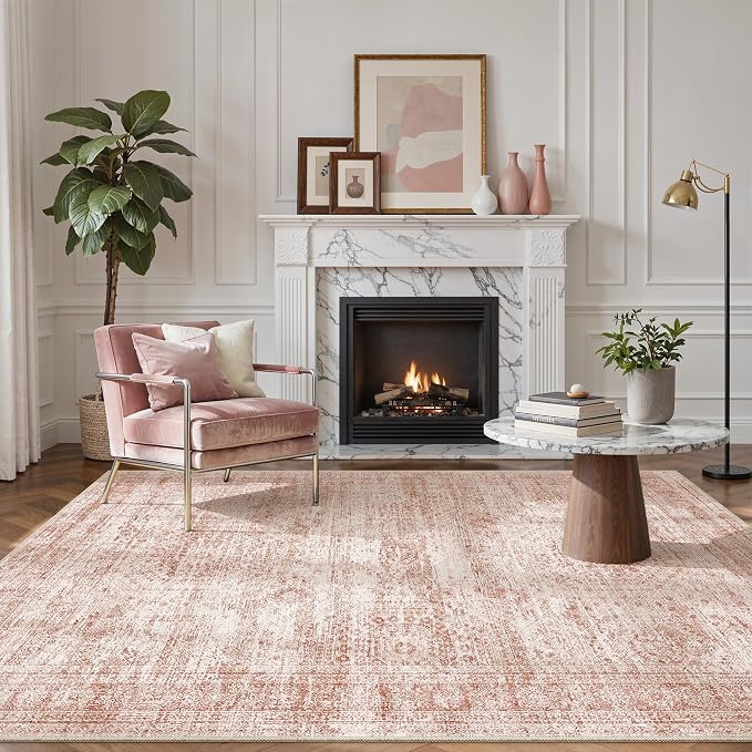 Soalmost 5x7 Area Rugs Pink Low Pile Washable Trendy Faded Style Rug | Vintage Non-Slip Indoor Accent for Bedroom Dining, Foldable Stain Resistant Floor Carpet Mat Under Table Home Office Decor
