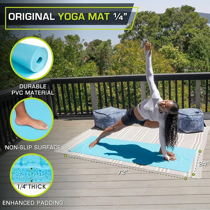 ProsourceFit Original Yoga Exercise Mat 1/4” (6mm) Thick for Comfort and Stability with Carrying Straps, Non Slip –Multiple Colors