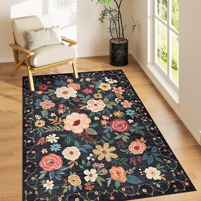 DUKINO 3x5 Area Rug, Floral Washable Rug for Bedroom Non Slip, Black | Soft, Stain Resistant Low Pile Indoor Rug for Entryway, Bedroom, Bathroom, Living Room, Pet Friendly, Home Decor, Lightweight