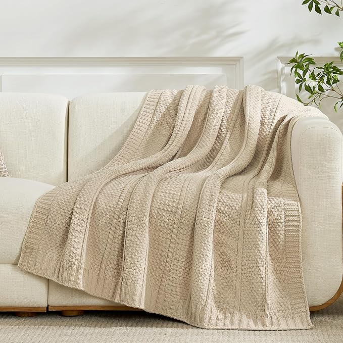 Amélie Home Premium Chenille Throw Blanket, Soft Cozy Moss Stitch Knit Blanket for Couch, Sofa, Chair, Home Decor, Beige 50"x60"