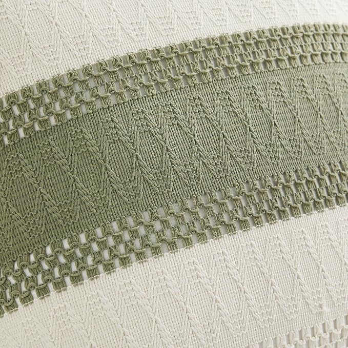 2pk Boho Pillow Covers 24x24, Natural White/Contrast/Green | 100% Organic Cotton Body, Stripe Embroidery, Farmhouse Decorative Cushion Covers for Sofa Bed Living Room Home Decor