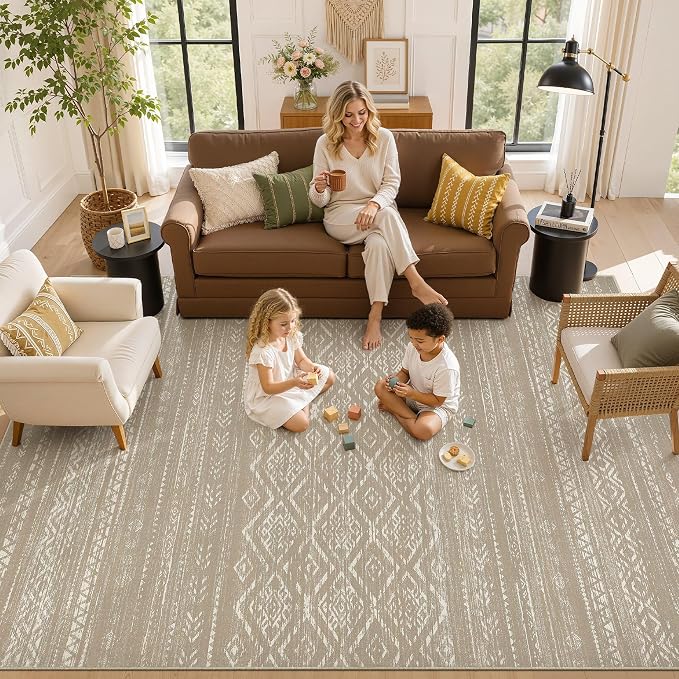 Nakagishi Area Rug Living Room Rugs: 5x7 Large Soft Machine Washable Boho Moroccan FarmNeutral Stain Resistant Indoor Floor Carpet for Bedroom Under Dining Table Home Office Decor-Dark Brown