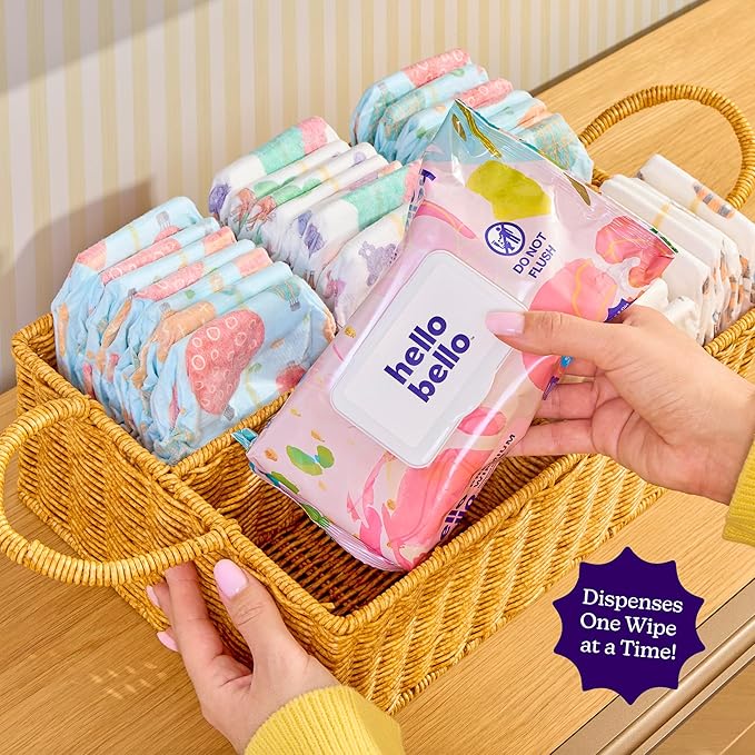 Hello Bello Premium Wipes, Designed for Sensitive Skin with Chamomile & Aloe Extracts, Rosy Posy (12 Resealable Packets = 720 Total Wipes)
