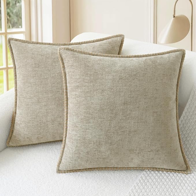 CaliTime Decorative Couch Throw Pillow Covers 18 X 18 Inches Light Taupe | Pack of 2, Cozy Chenille Cushion Cases, Cotton Thread Stitching Edges, for Sofa Bed Living Room Farmhouse