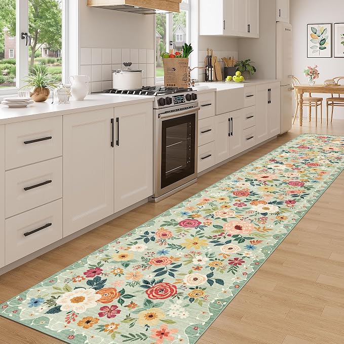 DUKINO 3x16 Runner Rug for Hallway, Non Slip Long Washable Rug, Green | Non Slip, Low Pile, Soft Floral Indoor Runner Rug for Kitchen, Entryway, Bedroom, Bathroom, Pet Friendly, Modern Home Decor