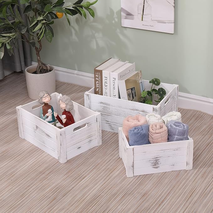 Farmhouse Antique White Wooden Crate For Storage,Rustic Decorative Boxes,Set Of 3 Extra Large Nesting Wooden Storage Crates For Home Decor,Handmade Natural Solid Wood Box (Rustic White)