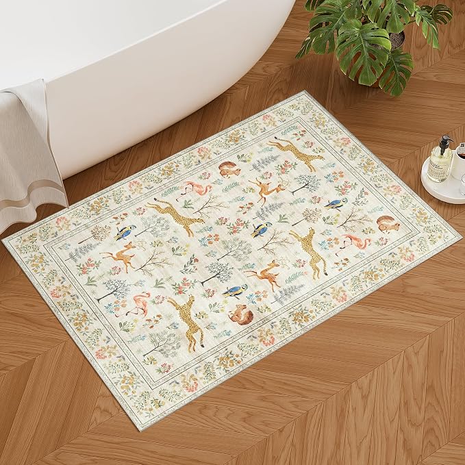 DUKINO 2x3 Entryway Rug, Washable Door Mat Animal Rug for Kitchen, Beige | Non Slip, Low Pile, Soft Indoor Small Rug for Entrance, Bedroom, Bathroom, Laundry, Pet Friendly, Lightweight, Non-Shedding