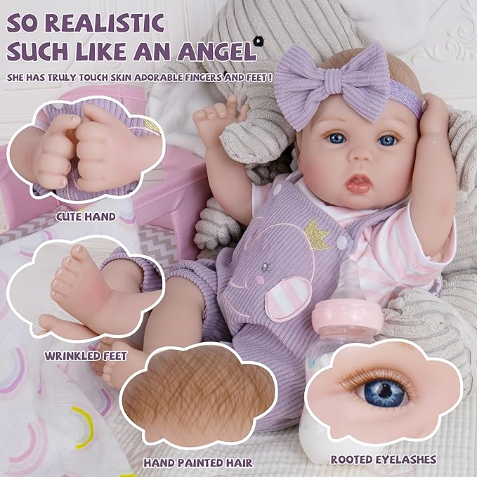 Milidool Lifelike Reborn Baby Dolls Girl-18 inch Realistic Newborn Baby Dolls, Soft Cloth Weighted Body with Feeding Toy, Gift for Kids Ages 3+