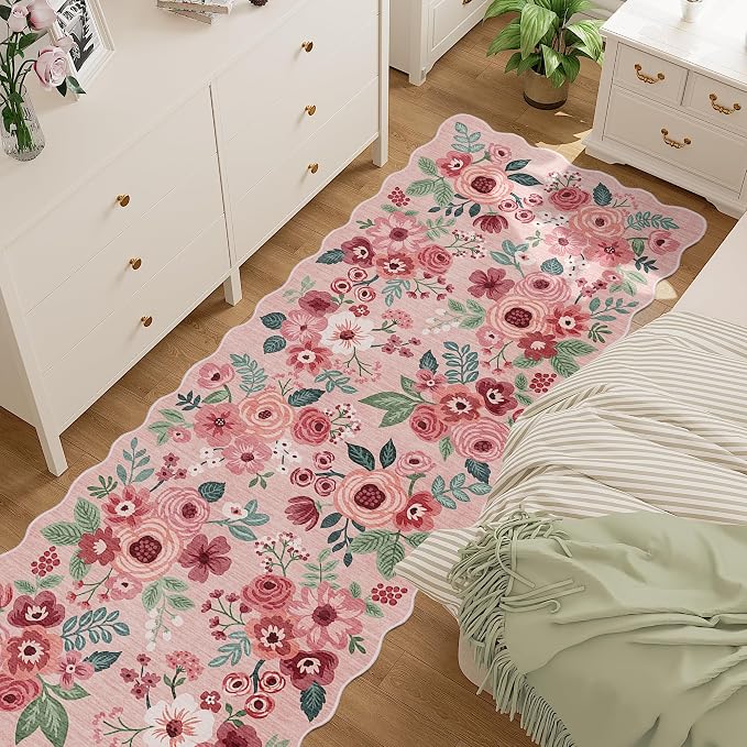 DUKINO 2.6x10 Runner Rug for Hallway, Floral Washable Rug Non Slip, Pink | Soft, Low Pile, Lightweight Indoor Throw Rug Runner for Entryway, Bedroom, Bathroom, Laundry, Pet Friendly, Modern Home Decor