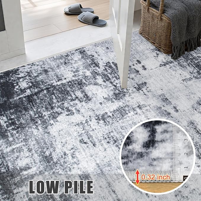 4x4 Area Rug Living Room Rug: Washable Modern Abstract Soft Thin Rug Indoor Floor No Slip Stain Resistant Carpet for Bedroom Dining Room Farmhouse Nursery Home Office - Dark Black