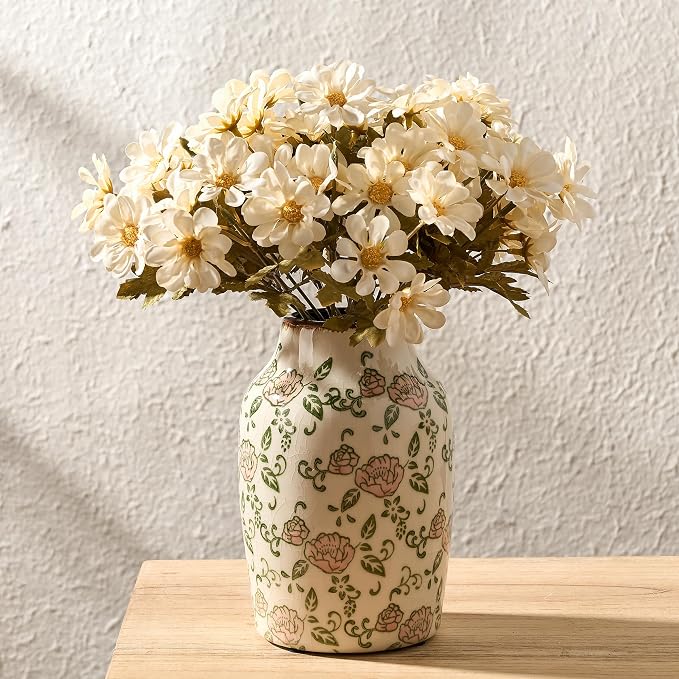SIDUCAL Ceramic Vintage Vase, 7 Inch Retro Ice Cracked Chinoiserie Floral Vase, Rustic Farmhouse Vases for Home Decor, Bookshelf, Office, Garden, Chinoiserie Decor, Tuscan Decor, Red Rose Pattern