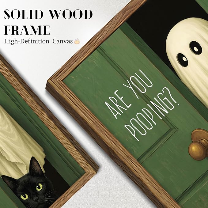 Funny Halloween Bathroom Wall Art, Vintage Cute Ghost Cat Canvas Wall Decor Paintings, Funny Are You Pooping Artwork Poster Print Picture for Bathroom Restroom 16x24 Inch Framed