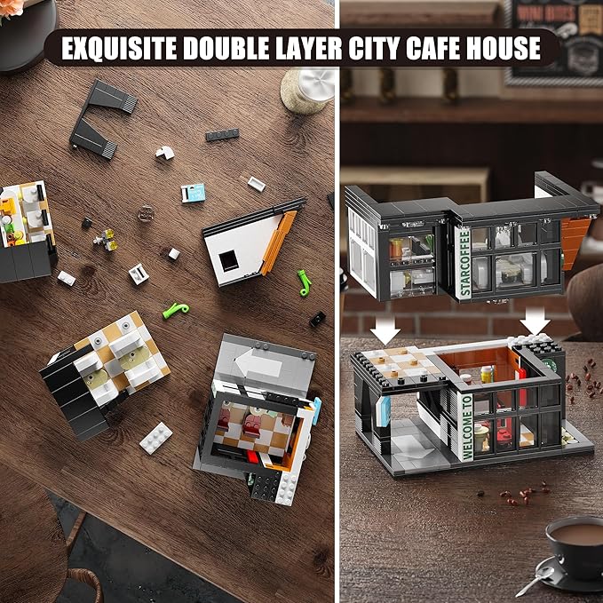 TYCOLE City Coffee Shop Building Block Set, 581PCS Architecture Model with Lights for Display & Decor, Realistic Cafe Toy, Christmas/Birthday Gift for Adults & Kids 8-12