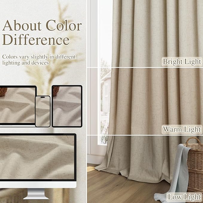Guken 100% Blackout Linen Curtains for Bedroom 96 inches Long 8 FT, Thermal Insulated Room Darkening Black Out Window Drapes for Living Room, Back Tab Rod Pocket 2 Panels Set,Stone Beige,52x96