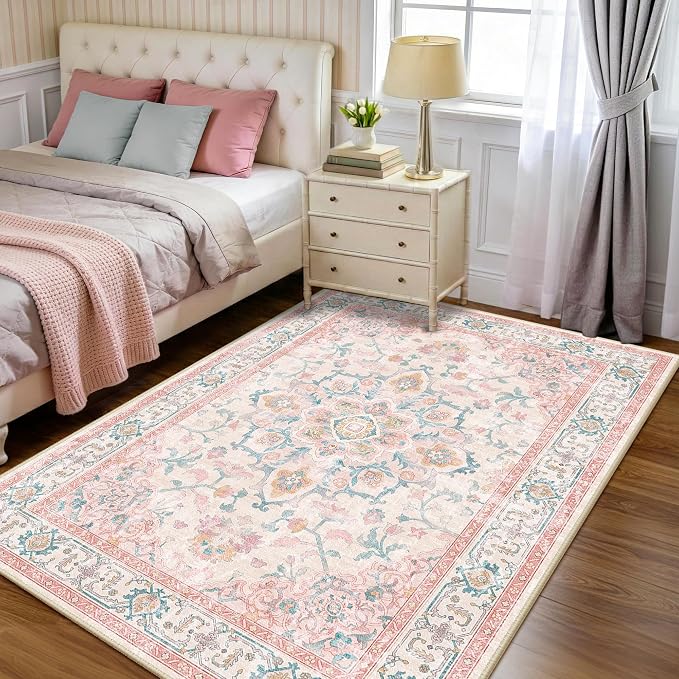 CAPALOCA 3x5 Washable Nursery Girls Low Pile Area Rug Pink Teal | Non-Slip Soft Rugs for Bedroom Kids Playroom Living Room, Print Pattern Water Repellent Carpet Indoor Decor