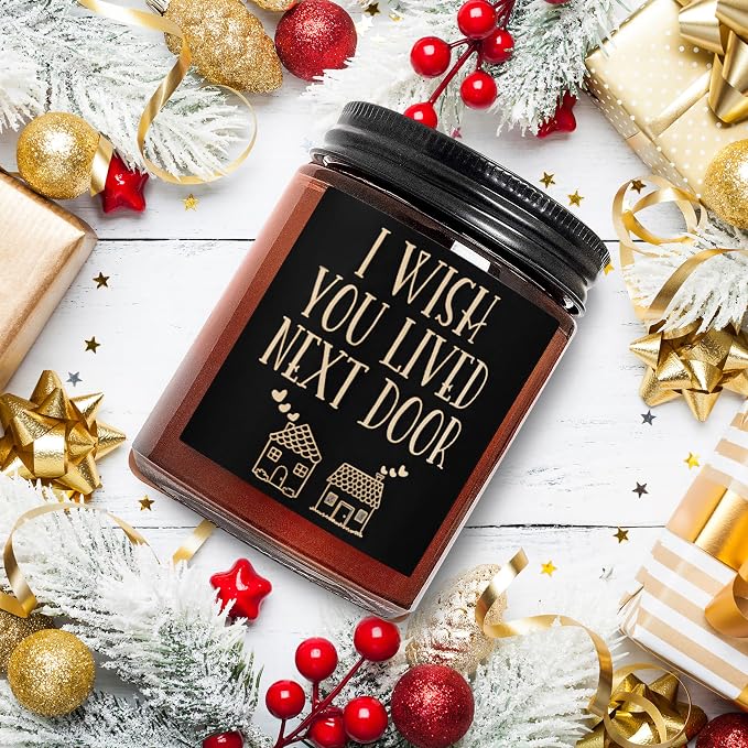 Gifts for Women Men - I Wish You Lived Next Door Candle for Her Best Friend Coworker Sister - Cute Birthday Friendship House Warming Gift - Sandalwood Amber Scented Candle for Relaxation