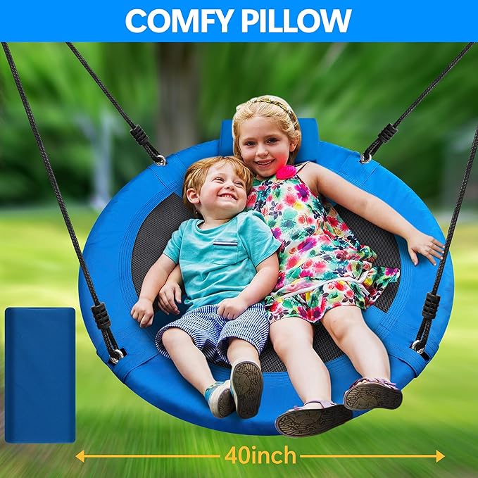 Saucer Tree Swing 40 Inch 600lb Weight Capacity with 2pcs Hanging Straps, 900D Oxford Fabric Waterproof Durable Steel Frame and Carabiner for Kids Adults with Pillow,for Backyard (Blue)