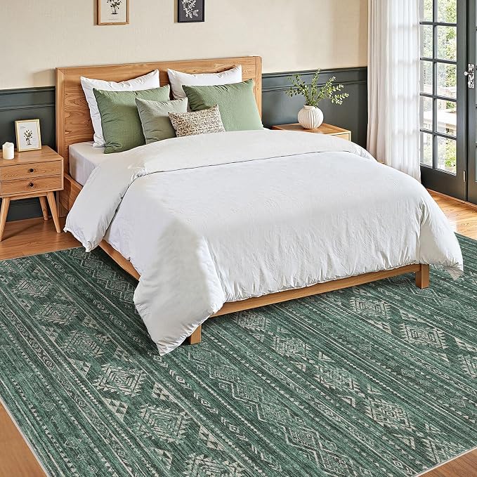 Nakagishi Boho 5x7 Area Rug Living Room Rugs Machine Washable Green | Soft, Pet & Kid Friendly, Carpet for Living Room/Bedroom/Office/Kitchen/Nursery, Daily Home Decor Stain Resistant Moroccan