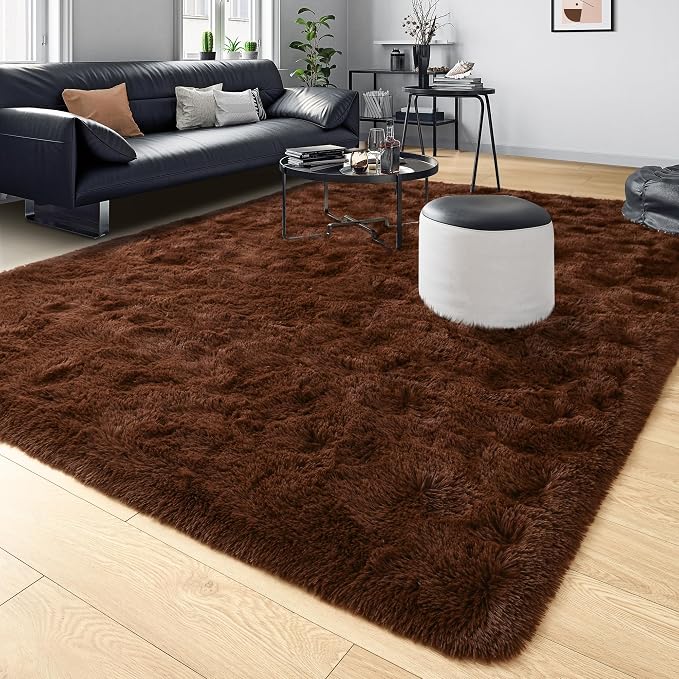 Tepook 8x10 Brown Area Rugs for Living Room Bedroom, Soft Fluffy Plush Shaggy Girls Boys Kids Room Rug, Shag Upgrade Non-Slip Throw Carpet for Dorms Nursery Classroom Home Decor