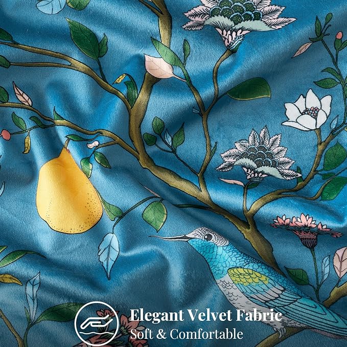 MUSSEL Stone Blue Velvet Floral Decorative 16x16 Pillow Covers Set of 2 | Soft Durable and Sturdy,Bird Plant,Throw Pillows Case,Square,Colorful Modern Cushion Covers,Home Sofa Bed Couch Decor