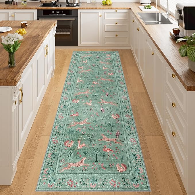 DUKINO 2x8 Washable Runner Rug, Non Slip Animal Kitchen Runner Rug, Teal | Soft, Low Pile, Non-Shedding Indoor Carpet Runner for Hallway, Entryway, Bedroom, Bathroom, Pet Friendly, Stain Resistant