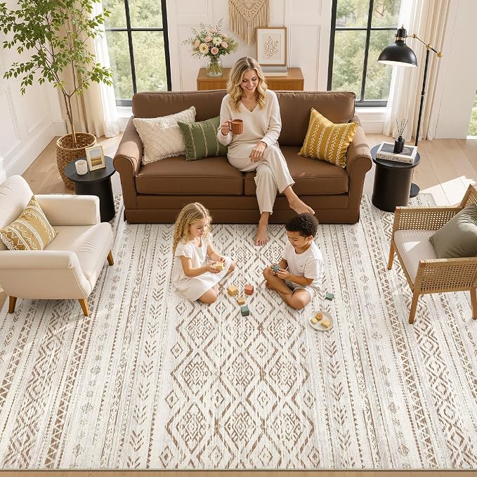 Nakagishi Area Rug Living Room Rugs: 10x14 Large Soft Machine Washable Boho Moroccan FarmNeutral Stain Resistant Indoor Floor Carpet for Bedroom Under Dining Table Home Office Decor-Brown